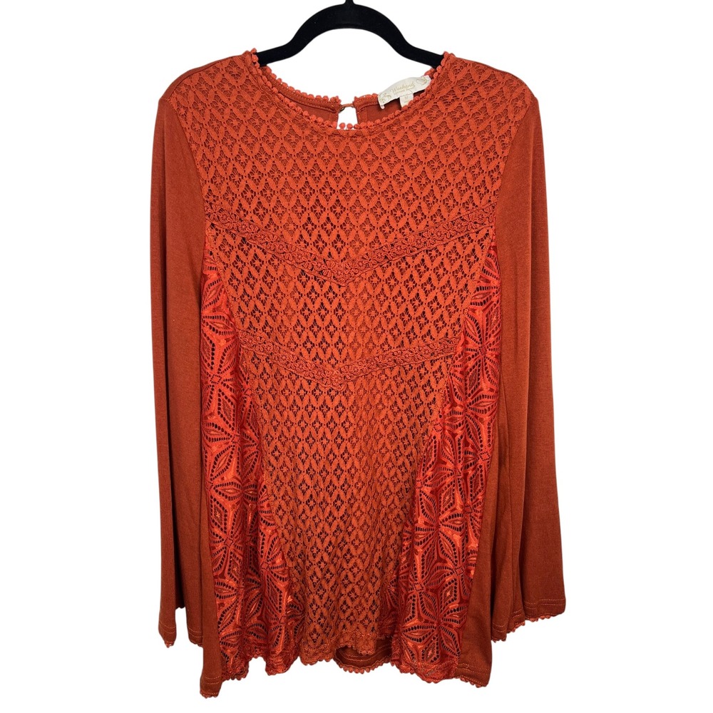 Weekend Suzanne Betro Cotton Lace Top Orange Boho Fall Crochet Long Sleeve M